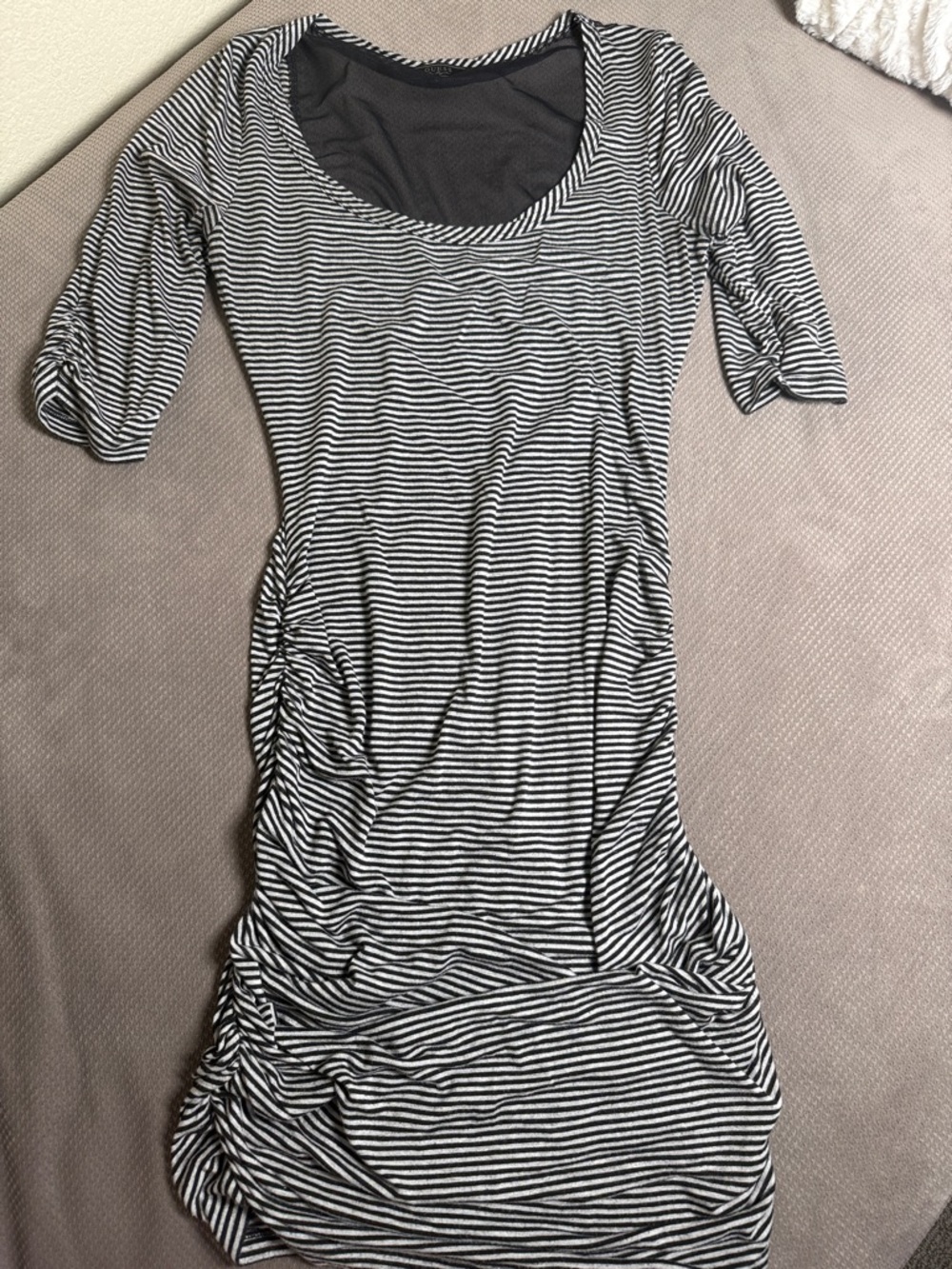 Guess Black and White Striped Ruched Scoop Dress